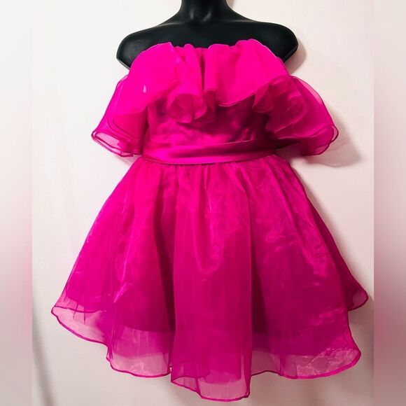 Plus size Fuchsia Ruffle Off the Shoulder Dress - Picture 3 of 7